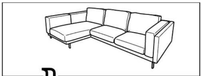 Line drawing of a single L-shaped sofa with four legs and one armrest (no text or symbols)