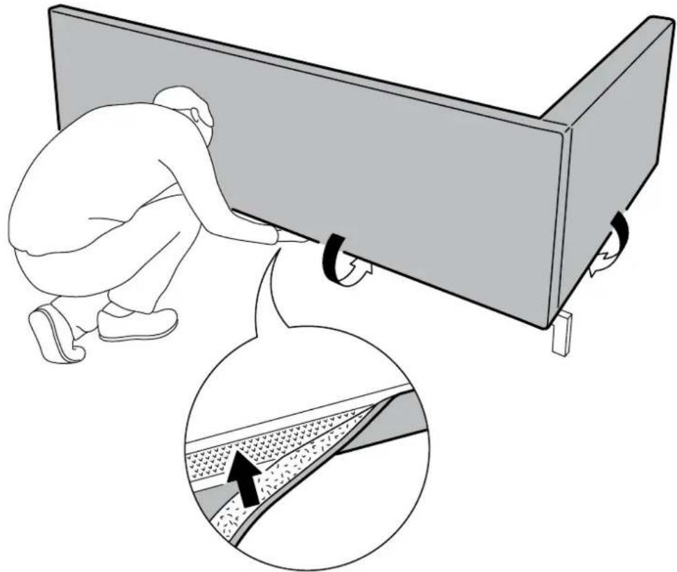 Illustration of a person opening a large panel with a magnified inset showing material layers (no text or symbols)