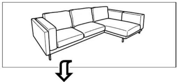 Line drawing of a single L-shaped sofa with a downward arrow indicating compression or reduction (no text or symbols)