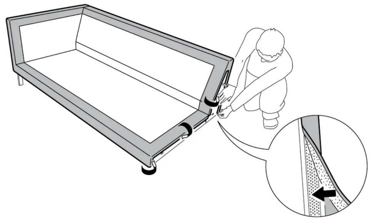 Illustration of a person installing or adjusting a metal frame structure, with an inset showing the detail of the installation (no text or symbols present)