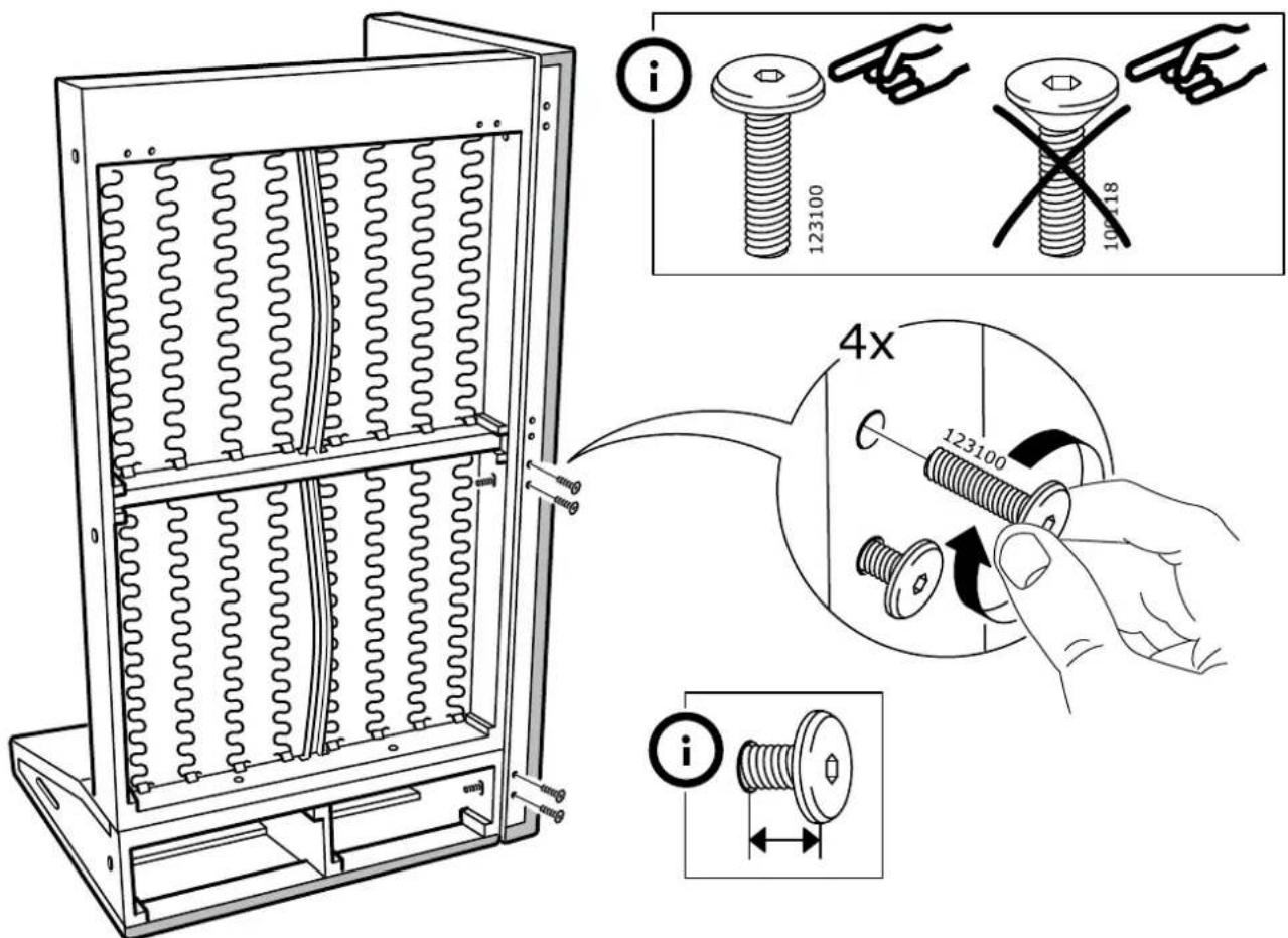 Technical diagram showing screw installation instructions with magnified views and component labels