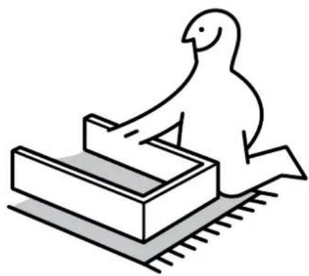 Simple line drawing of a bird interacting with a laptop (no text or symbols)