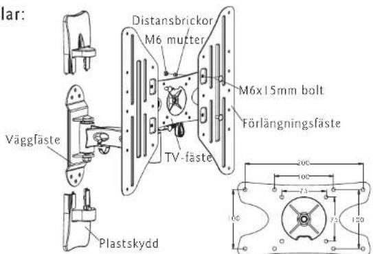 lar: Distansbrickor M6 mutter M6x15mm bolt Förlängningsfäste TV-fäste Väggfäste Plastskydd 200 100 7.3 7.5 120