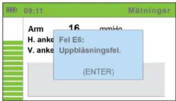 Arm 16 mmHg H. anke Fel E6: V. anke Uppblåsningsfel. (ENTER)