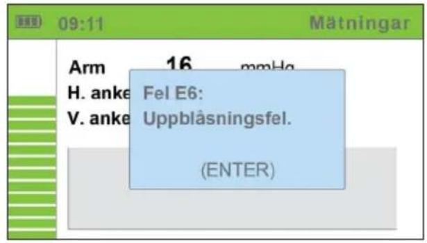 Arm 16 mmHg H. anke Fel E6: V. anke Uppblåsningsfel. (ENTER)