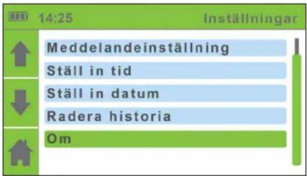 14:25 Inställningar Meddelandeinställning Ställ in tid Ställ in datum Radera historia Om