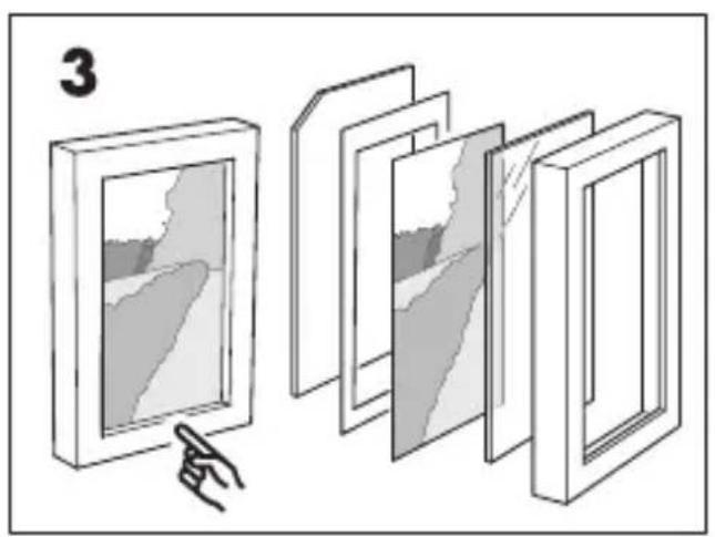 Illustration of a framed picture frame with a hand pointing to it, showing multiple views and shading (no text or symbols)