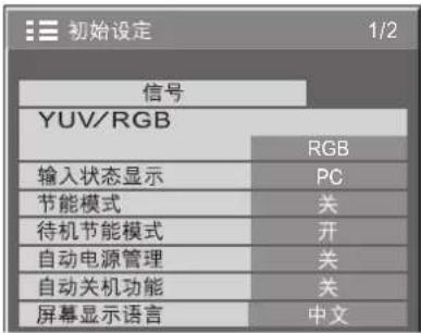 初始设定 1/2 信号 YUV/RGB RGB 输入状态显示 PC 节能模式 关 待机节能模式 开 自动电源管理 关 自动关机功能 关 屏幕显示语言 中文