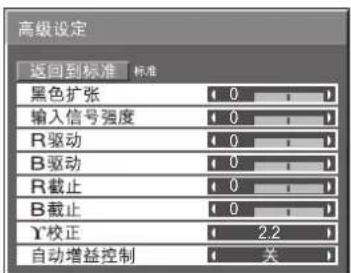 高级设定 返回到标准 标准 黑色扩张 0 输入信号强度 0 R驱动 0 B驱动 0 R截止 0 B截止 0 Y校正 2.2 自动增益控制 关