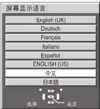 屏幕显示语言 English (UK) Deutsch Français Italiano Español ENGLISH (US) 中文 日本語 选择 设定