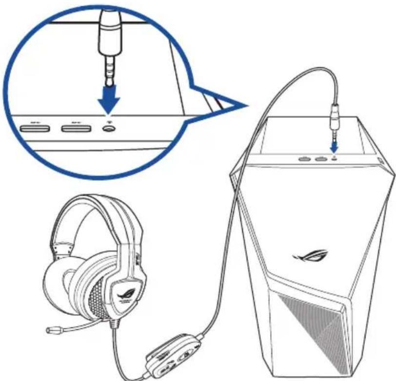 Diagram illustrating audio headset installation and connection to a computer tower, with magnified detail showing pin insertion.