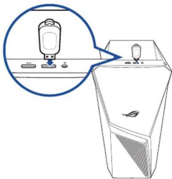 Diagram showing a device with a labeled sensor or device on its screen, connected to a computer tower with an icon and a magnified inset highlighting the sensor's component.