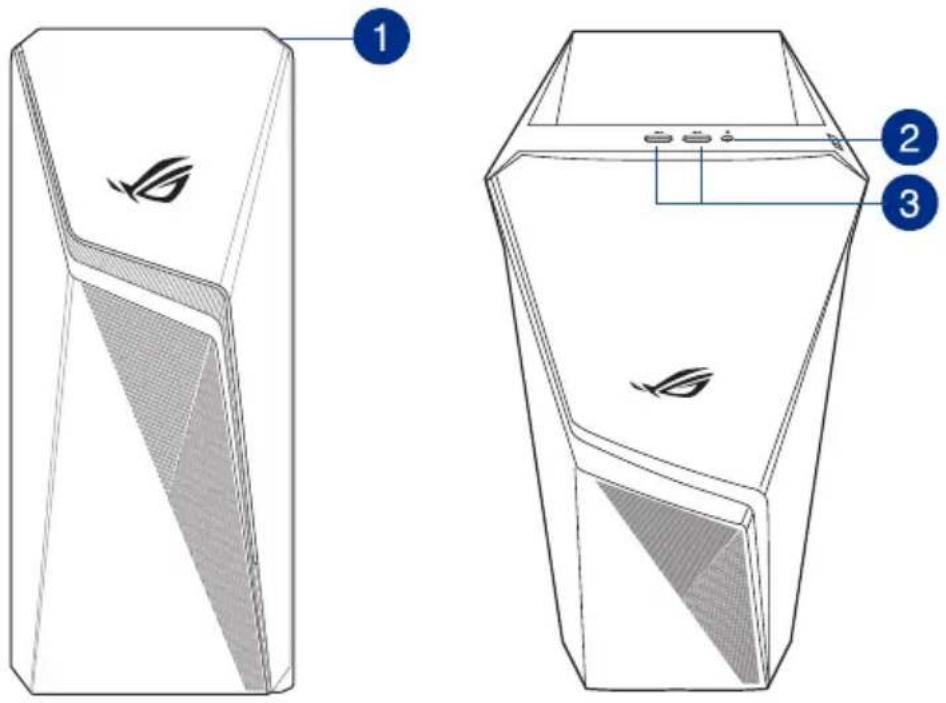 Technical diagram of a device with labeled components, showing front and side views with visible eye symbols.