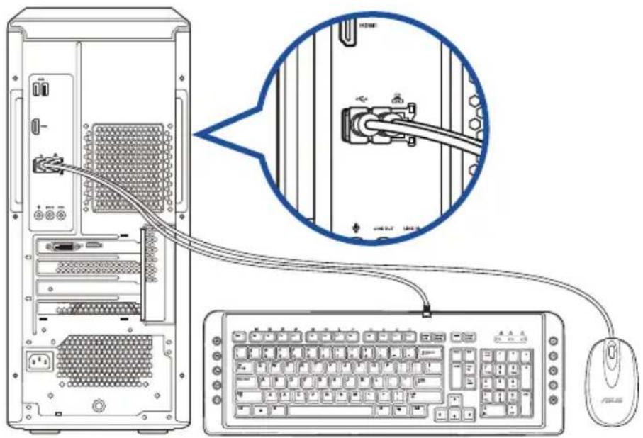 Diagram showing server rack connected to computer via cable, with magnified detail highlighting internal cable connections.
