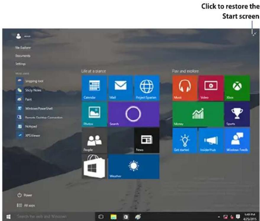 Click to restore the Start screen Life at a glance Play and explore Calendar Mail Project Spartan Music Video Xbox Photos Search Money Sports People News Get started Insider Hub Window Feedback Weather Power All apps Search the web and Windows 0:49 PM 4/25/2015