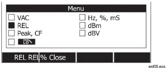 Menu □ VAC □ Hz, %, mS ■ REL □ dBm □ Peak, CF □ dBV □ LO REL REL% Close