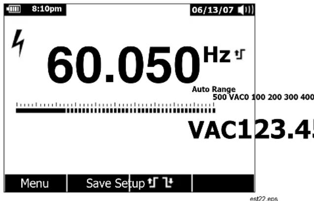 8:10pm 06/13/07 60.050Hz Auto Range 500 VAC0 100 200 300 400 VAC123.4 Menu Save Setup est22.eps