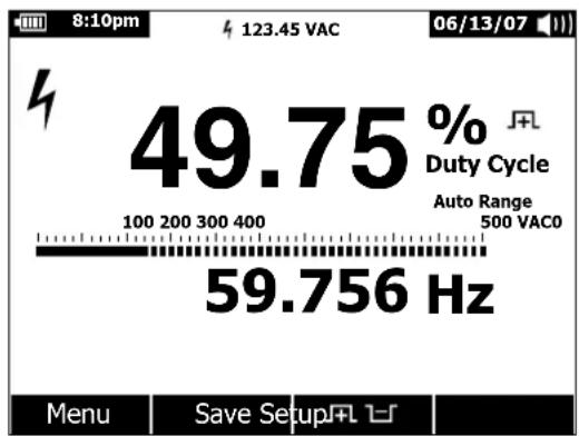 8:10pm 123.45 VAC 06/13/07 49.75 % Duty Cycle Auto Range 500 VAC0 100 200 300 400 59.756 Hz Menu Save Setup FL