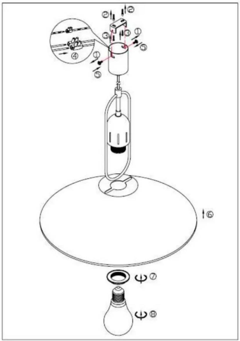 Diagram of a lamp installation with labeled components and airflow indicators