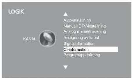 LOGIK KANAL Auto-inställning Manuell DTV-inställning: Analog manuell sökning Redigering av kanal SignalInformation CI-information Programuppdatering