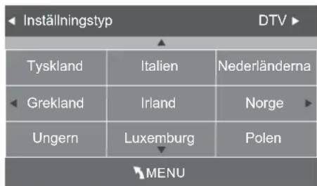 Inställningstyp DTV Tyskland Italien Nederländerna Grekland Irland Norge Ungern Luxemburg Polen MENU
