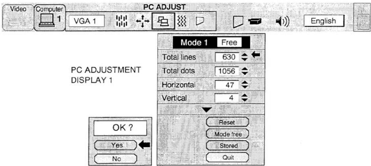 Video Computer 1 VGA 1 PC ADJUST English Mode 1 Free Total lines 630 Total dots 1056 Horizontal 47 Vertical 4 OK ? Yes No Reset Mode free Stored Quit PC ADJUSTMENT DISPLAY 1