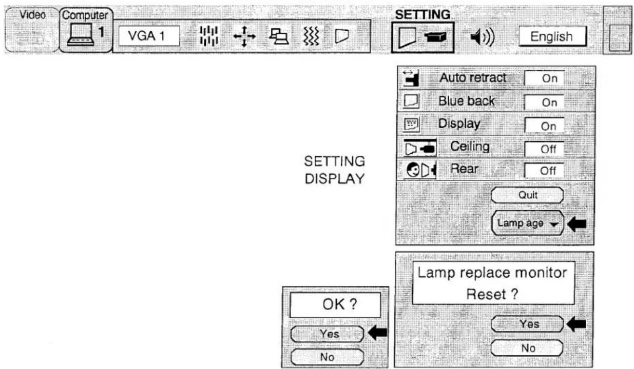 Video Computer 1 VGA 1 SETTING English Auto retract On Blue back On Display On Ceiling Off Rear Off Quit Lamp age SETTING DISPLAY OK ? Yes No Lamp replace monitor Reset ? Yes No