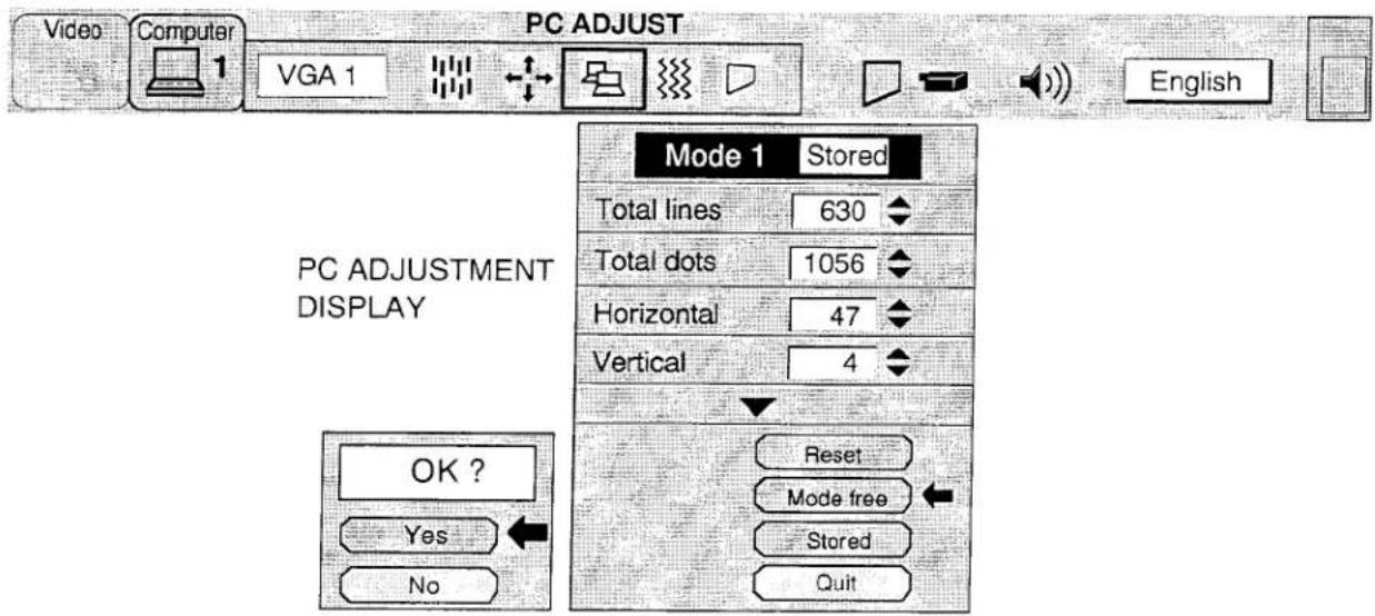 Video Computer 1 VGA 1 PC ADJUST English Mode 1 Stored Total lines 630 Total dots 1056 Horizontal 47 Vertical 4 PC ADJUSTMENT DISPLAY OK ? Yes No Reset Mode free Stored Quit
