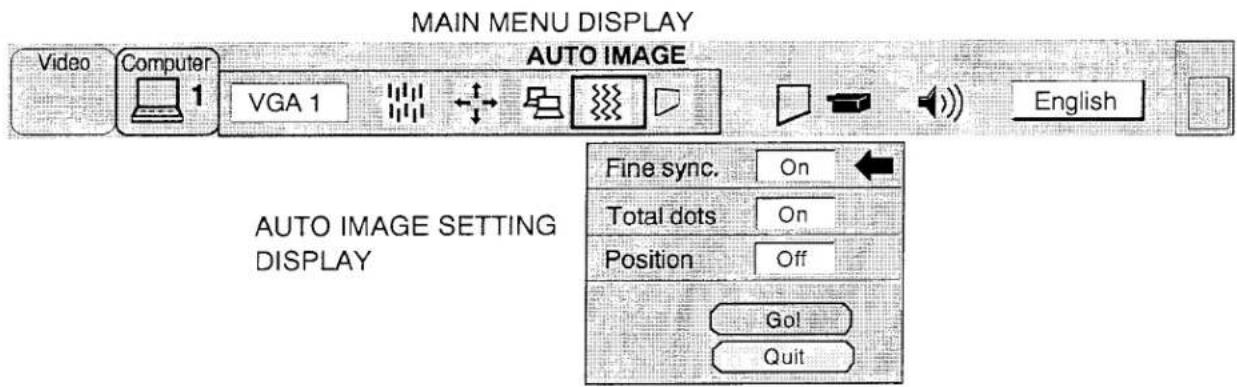 MAIN MENU DISPLAY AUTO IMAGE Video Computer VGA 1 English AUTO IMAGE SETTING DISPLAY Fine sync. On Total dots On Position Off Go! Quit