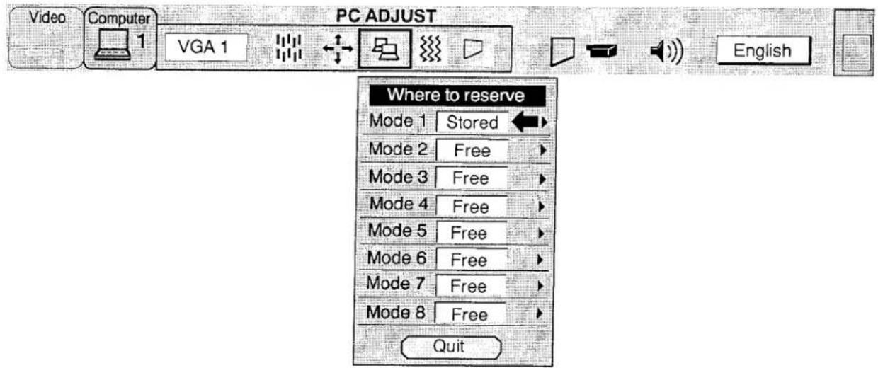Video Computer VGA 1 PC ADJUST English Where to reserve Mode 1 Stored Mode 2 Free Mode 3 Free Mode 4 Free Mode 5 Free Mode 6 Free Mode 7 Free Mode 8 Free Quit