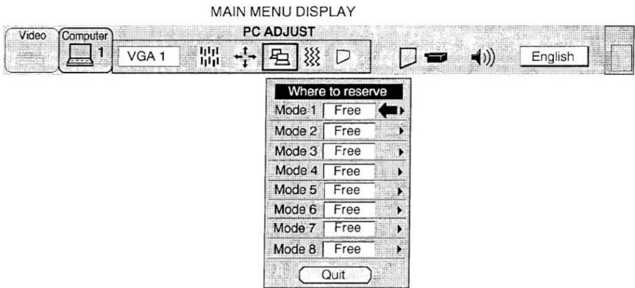 MAIN MENU DISPLAY PC ADJUST Video Computer VGA 1 English Where to reserve Mode 1 Free Mode 2 Free Mode 3 Free Mode 4 Free Mode 5 Free Mode 6 Free Mode 7 Free Mode 8 Free Quit