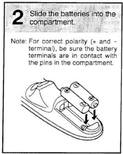 2 Slide the batteries into the compartment. Note: For correct polarity (+ and - terminal), be sure the battery terminals are in contact with the pins in the compartment.