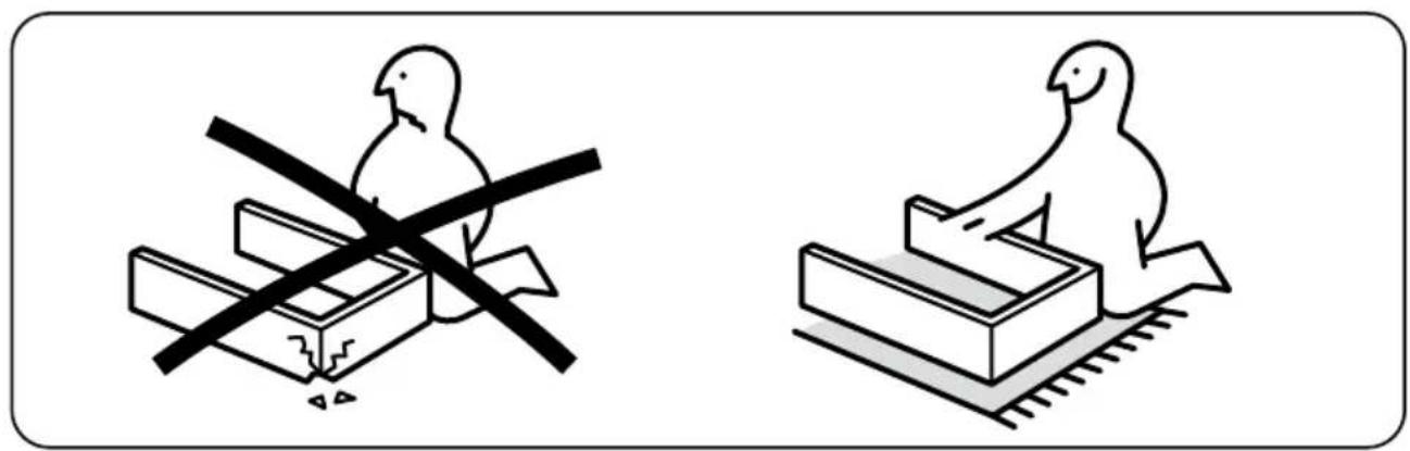 Two symbolic illustrations: one with a bird crossing over a box, the other with a bird sitting on a grid (no text or symbols)