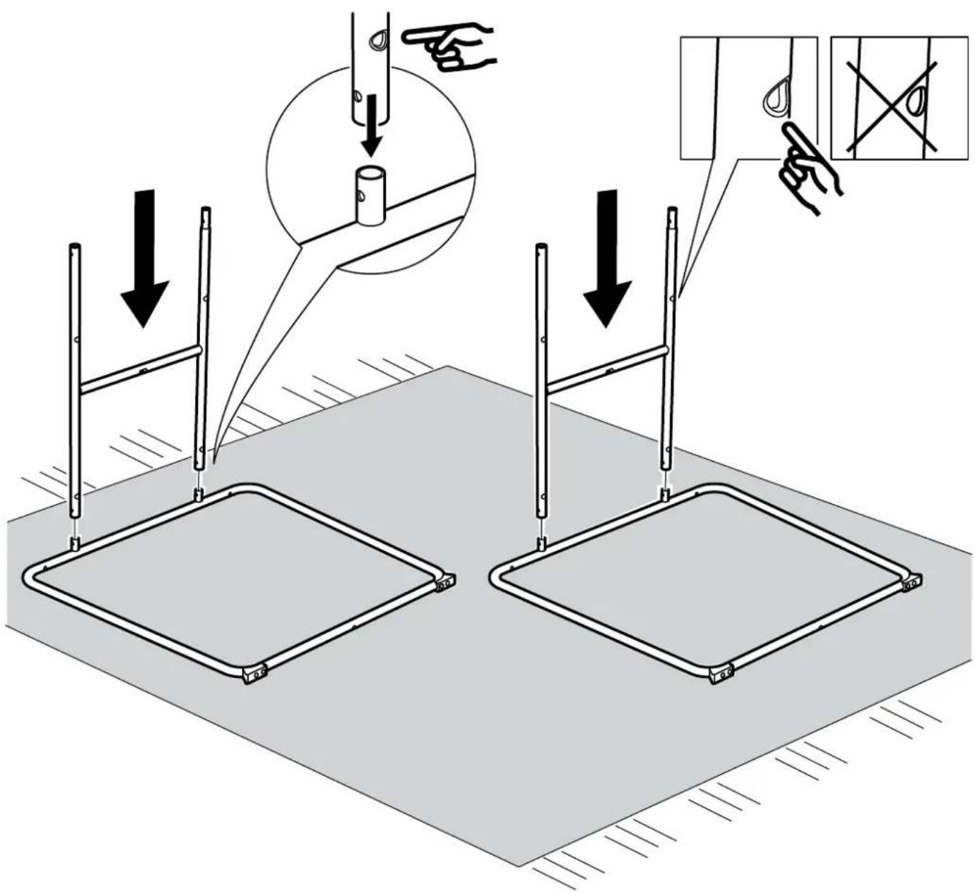 Technical diagram showing hand positioning and safety instructions for a mechanical assembly, with labeled components and directional arrows.