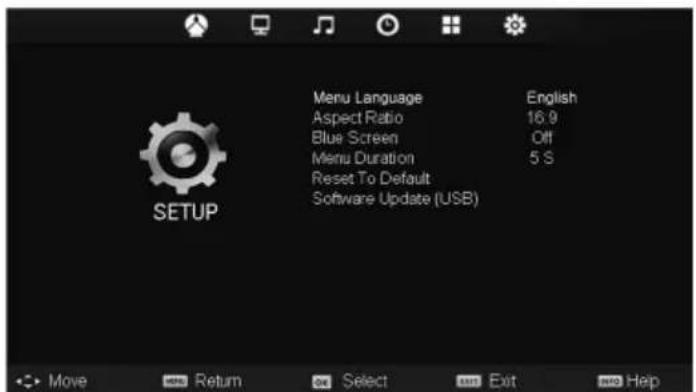 Menu Language Aspect Ratio Blue Screen Menu Duration Reset To Default Software Update (USB) English 16.9 Off 5 S SETUP Move Return Select Exit Help