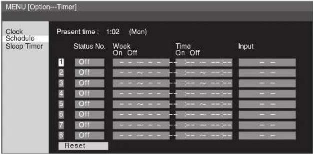 MENU [Option--Timer] Clock Schedule Sleep Timer Present time : 1:02 (Mon) Status No. Week On Off Time On Off Input 1 Off - - - - - - - - - - - - - - - - - - - - - - - - - - - - - - - - - - - - - - - - - - - - - - - - - - - - - - - - - - - - - - - - - - - - - 2 Off - - ~ ~ ~ ~ ~ ~ ~ ~ ~ ~ ~ ~ ~ ~ ~ ~ ~ ~ ~ ~ ~ ~ ~ ~ ~ ~ ~ ~ ~ ~ ~ ~ ~ ~ ~ ~ ~ ~ ~ ~ ~ ~ ~ ~ ~ ~ ~ ~ ~ ~ ~ ~ ~ ~ ~ ~ ~ ~ ~ ~ ~ ~ ~ ~ ~ ~ ~ ~ ~ ~ ~ ~ ~ ~ ~ ~ ~ ~ ~ ~ ~ ~ ~ ~ ~ ~ ~ ~ ~ ~ ~ ~ ~ ~ ~ ~ ~ ~ ~ ~ %- 3 Off - - ~ ~ ~ ~ ~ - - - - - - - - - - - - - - - - - - - - - - - - - - - - - - - - - - - - - - - - - 4 Off - - % % % % % % % % % % % % % % % % % % % % % % % % % % % % % % % % % % % % % % % % % % % % % % % % % % % % % % % % % % 5 Off - % % % % % % % % % % % % % % % % % % % % % % % % % % % % % % % % % % % % % % % % % % % % % % % % % % % % % % % 6 Off - % % % % % % % % % % % % % % % % % % % % % % % % % % % % % % % % % % % % % % % 7 Off -%~%~%~%~%~%~%~%~%~%~%~%~%~%~%~%~%~%~%~%~%~%~%~%~%~%~%~%~%~%~%~%~%~%~% 8 Off-~%~%~%~%~%~%~%~%~%~%~%~%~%~%~%~%~%~%~%~%~%~%~%~%~%~%~%~% Reset