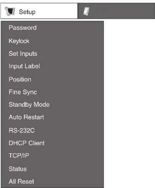 Setup Password Keylock Set Inputs Input Label Position Fine Sync Standby Mode Auto Restart RS-232C DHCP Client TCP/IP Status All Reset