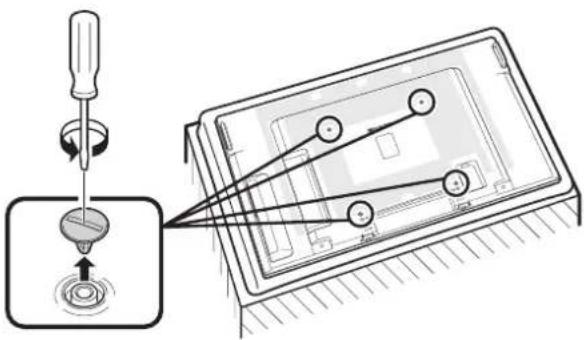 Diagram illustrating a mechanical assembly process with tool and component alignment, showing a drill bit interacting with a device panel.