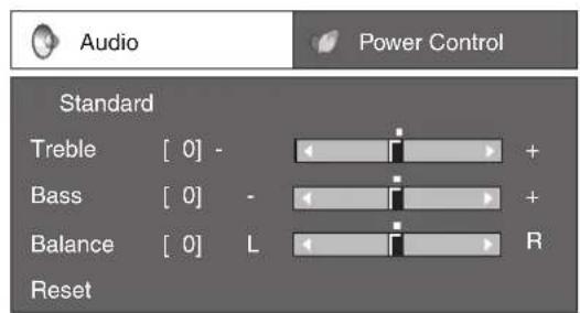 Audio Power Control Standard Treble [0] - Bass [0] - Balance [0] L Reset
