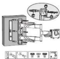 Technical diagram of an electrical switch assembly with labeled components and a thought bubble showing a close-up view.