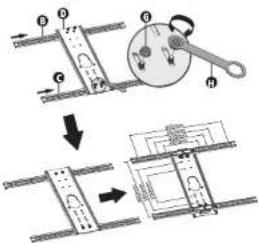 Technical diagram illustrating mechanical assembly steps with labeled components and directional arrows