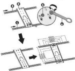 Technical diagram illustrating mechanical assembly steps with labeled components and directional arrows