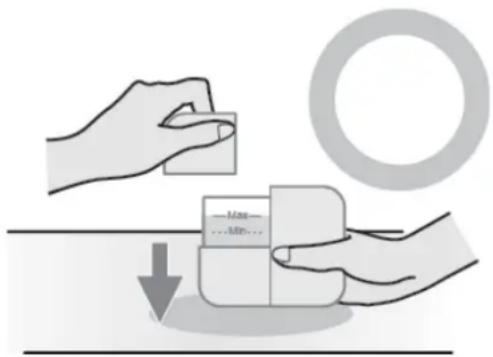Diagram illustrating a physical procedure with hands holding a package and a tape roll, showing a downward force on the surface.