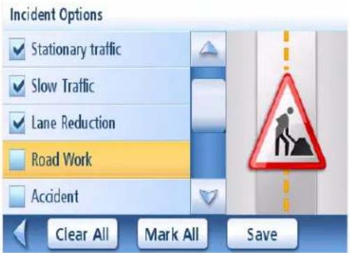 Incident Options ✓ Stationary traffic ✓ Slow Traffic ✓ Lane Reduction ✓ Road Work ✓ Accident Clear All Mark All Save