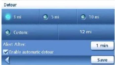 Detour 3 mi 5 mi 10 mi Custom: 12 mi Alert After: Enable automatic detour 1 min Save