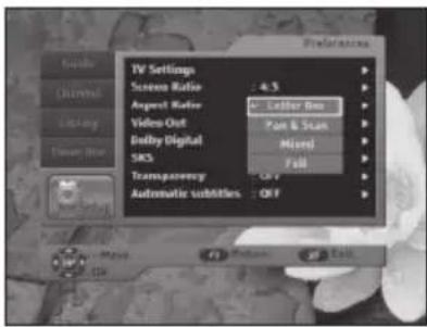 TV Settings Screen Ratio : 4.5 Audio Ratio : Letter Box Video Out Audio Digital SRS Transparency : Off Automatic subtitles : Off