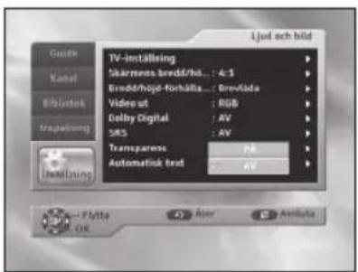 Ljud och bild Cuilek Kabel Bilästark Magelung TV-inställning Skärnens bredd/rals: 4:5 Bredd/höjd-forhälta: Breväda Vidro ut : RGB Delby Digital : AV SRS : AV Transparens PR Automatink text : AV Fytta Aper Amblyte