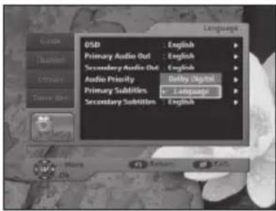 GSD : English Primary Audio Out : English Secondary Audio Out : English Audio Priority : Delay Digital Primary Subtitle : Language Secondary Subtitle : English