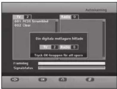 Autoskanning TV 2 401 PC25 Scrambled 402 Clear Radio 0 Din digitala mettagare hitade TV 2 Radio 0 Tryck OK-kaappen für all spars Framming SignalStatus
