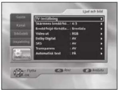 Guide Focal SubGoutik Impainting TV-instelling Skärnens bredd/ho... : 4:3 Breed/höjd-tirbälla... : Brevlåda Videput : RGB Dolby Digital : AV SRS : AV Transparens : AV Automatisk text : PA Ljud och bild Flytta OK Aer